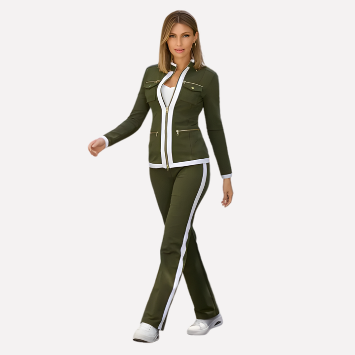 Sporty women's activewear set: zip-up jacket with contrast trim & comfy pants. Perfect for workouts or errands.