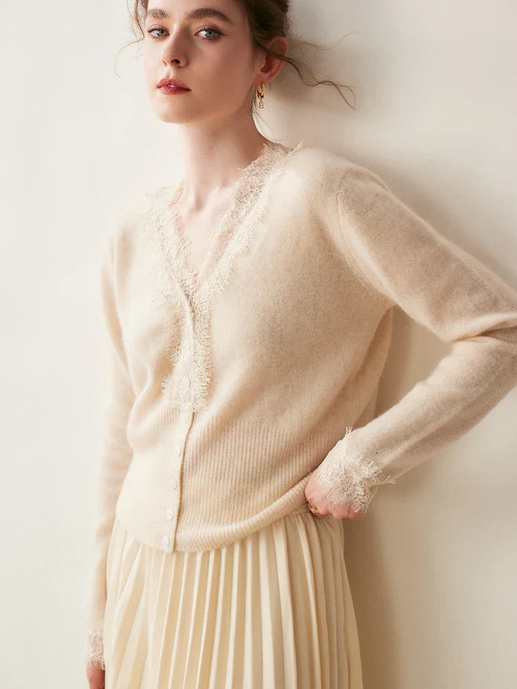 Detailed shot of the luxurious cashmere texture of the Cortona Lace Cardigan.
