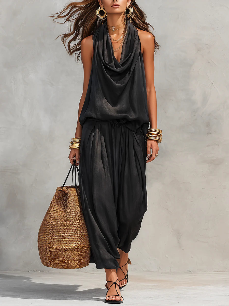 Women's cowl neck halter top & wide leg pant set, perfect for resortwear or an elegant summer outfit.