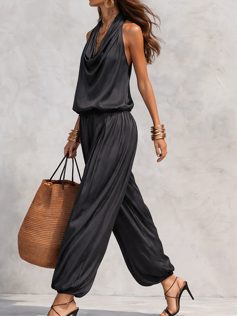 Bohemian women's cowl neck halter top & comfortable wide leg pant set, ideal for summer relaxation.