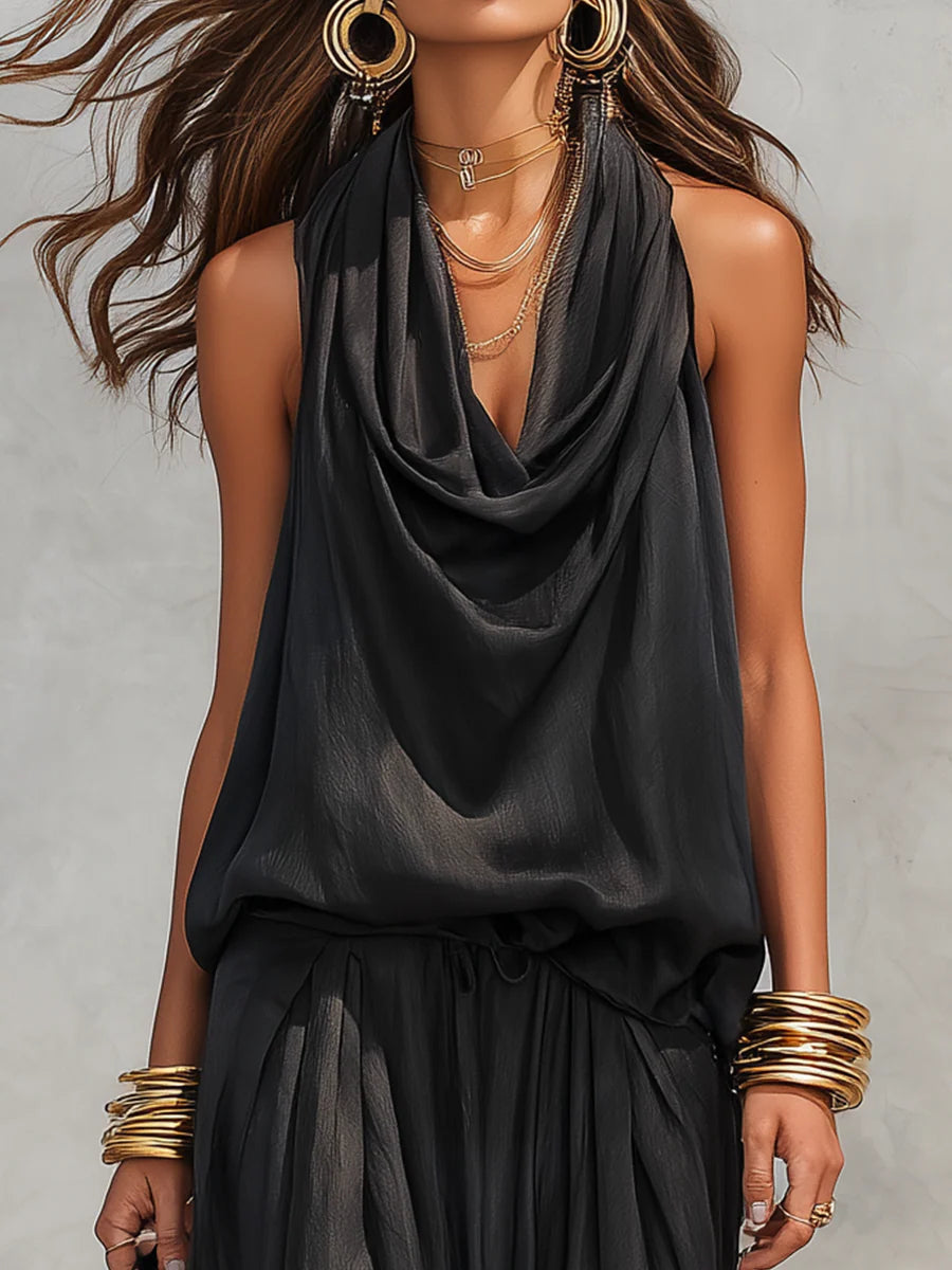 Chic women's halter top with cowl neck & flowing wide leg pants. A fashionable two-piece summer outfit.