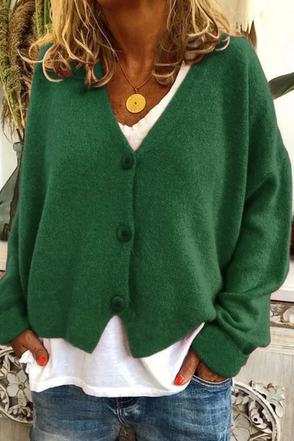Warm women's long sleeve cozy button cardigan, ideal for fall & winter layering.