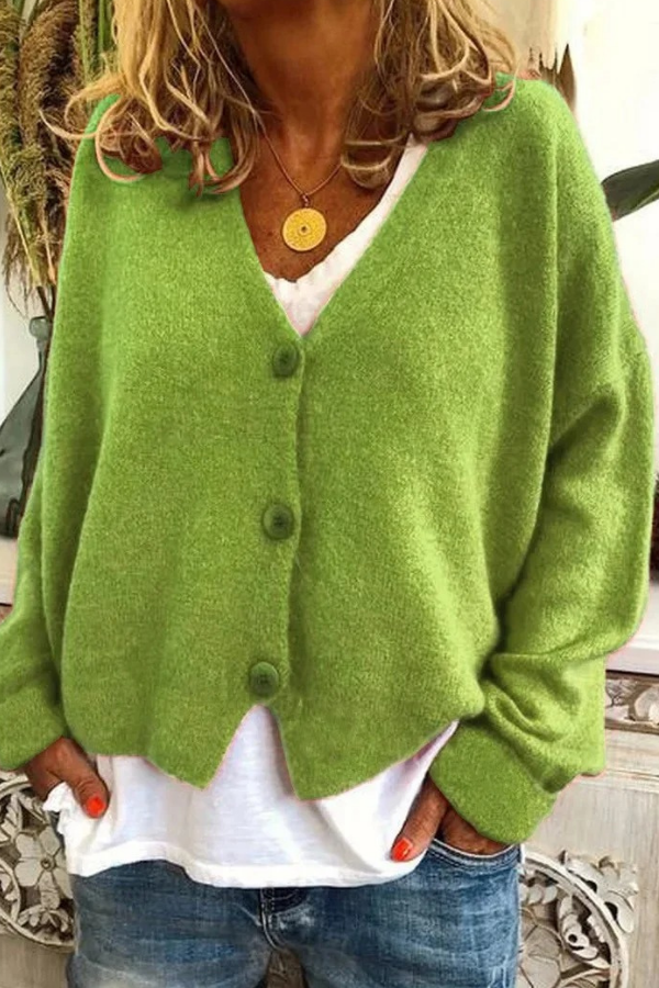 Versatile women's long sleeve button cardigan, perfect for casual or office outfits.