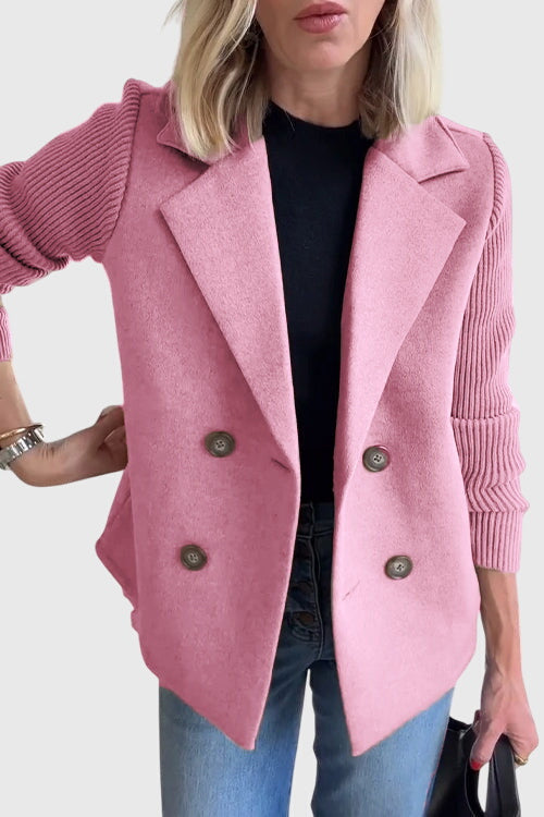 Women's cozy double-breasted blazer with stylish contrast sleeves, perfect for smart casual or office wear.