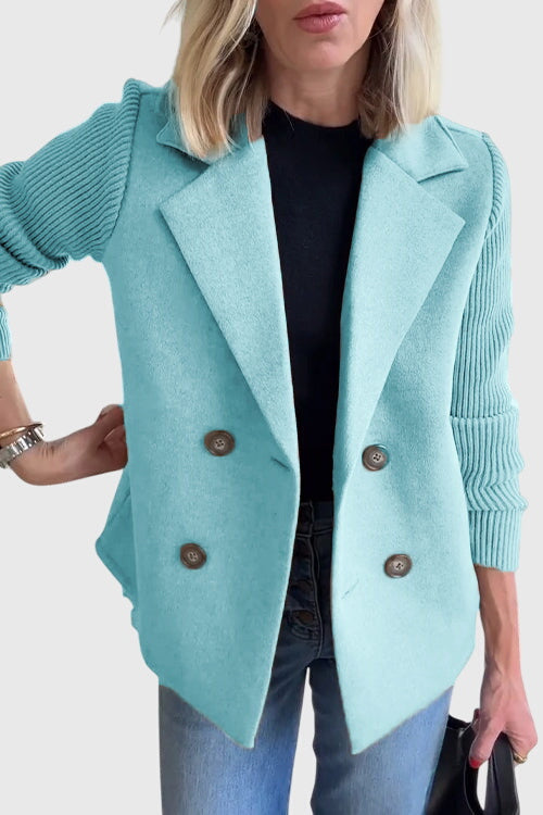 Chic women's cozy double-breasted blazer. Tailored fit with unique contrast sleeves for versatile fashion.
