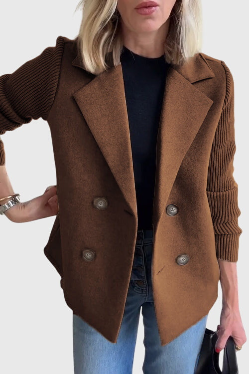 Versatile women's double-breasted blazer, cozy and chic with contrast sleeves, ideal for office or casual layering.