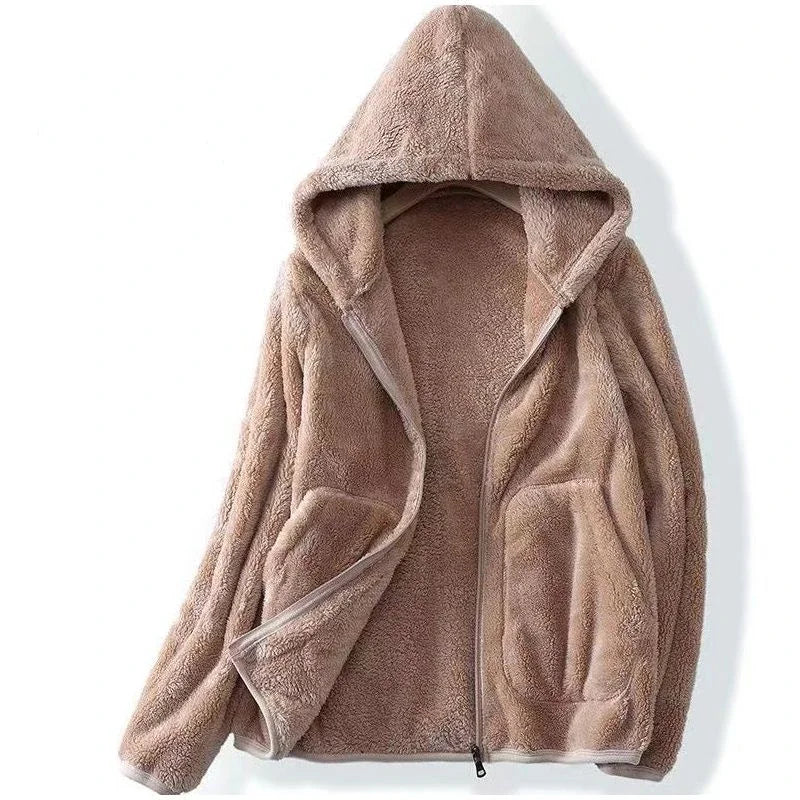 Casual women's hooded fleece cardigan, ideal layering piece for comfort and warmth.