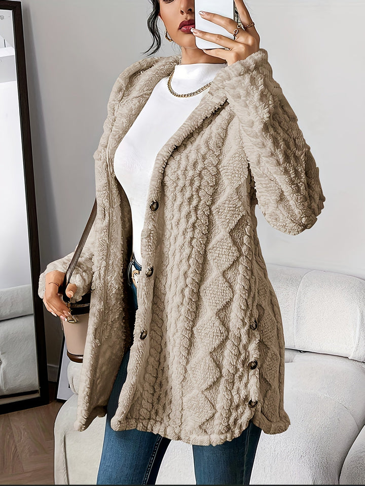 Long hooded women's coat with buttons. Effortless, relaxed fit, perfect for casual fall & winter style.