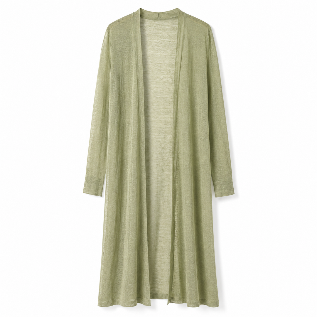 Modern women's stylish long knit cardigan, an essential piece for fall & winter fashion trends.