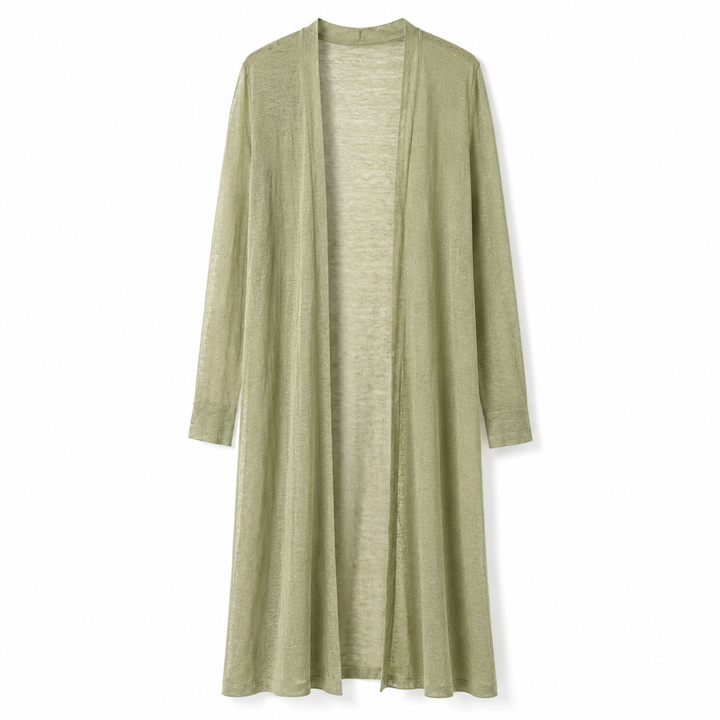 Modern women's stylish long knit cardigan, an essential piece for fall & winter fashion trends.