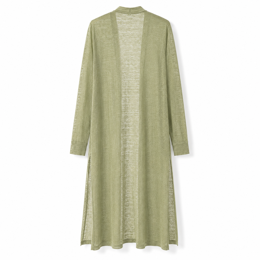 Full-length shot of a women's cozy long knit cardigan, offering warmth & elegant coverage.