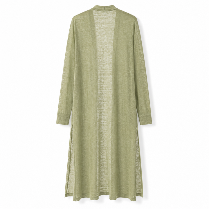 Full-length shot of a women's cozy long knit cardigan, offering warmth & elegant coverage.