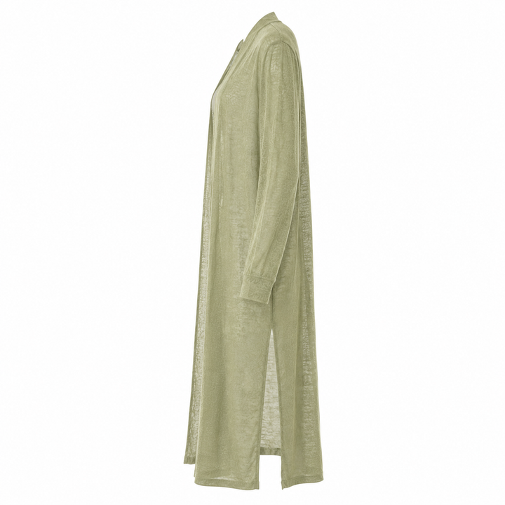Relaxed fit women's long knit cardigan, blending casual comfort with sophisticated knitwear style.