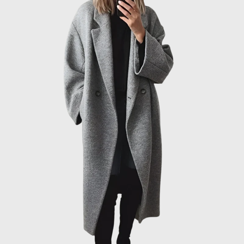 Women's cozy longline overcoat in a neutral shade, perfect for elegant winter style & versatile fashion.