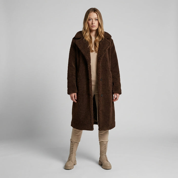Women's cozy longline teddy coat, perfect for fall & winter. Stylish, warm, & oversized with front buttons.