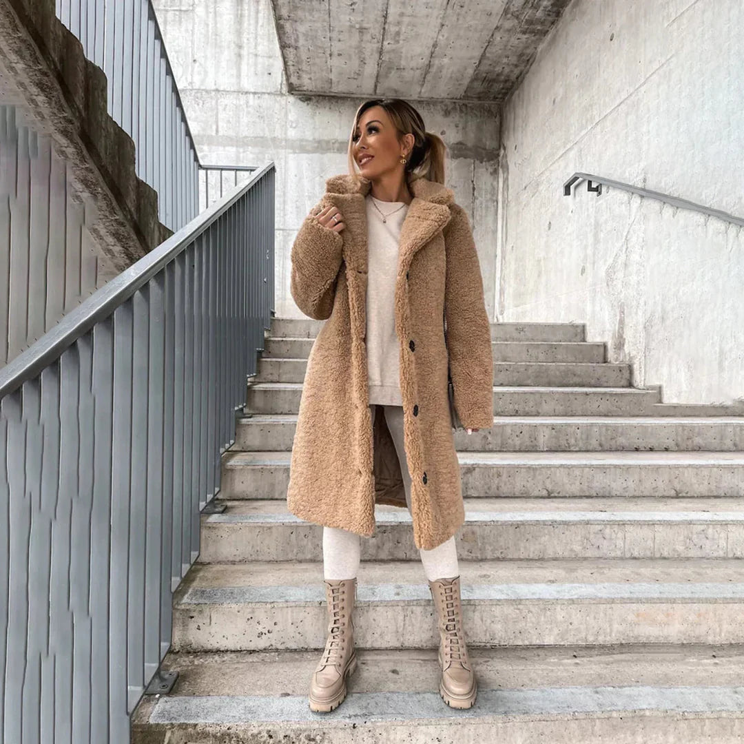 Plush teddy fabric women's longline coat. A warm, cozy & oversized button-up jacket for ultimate winter comfort.
