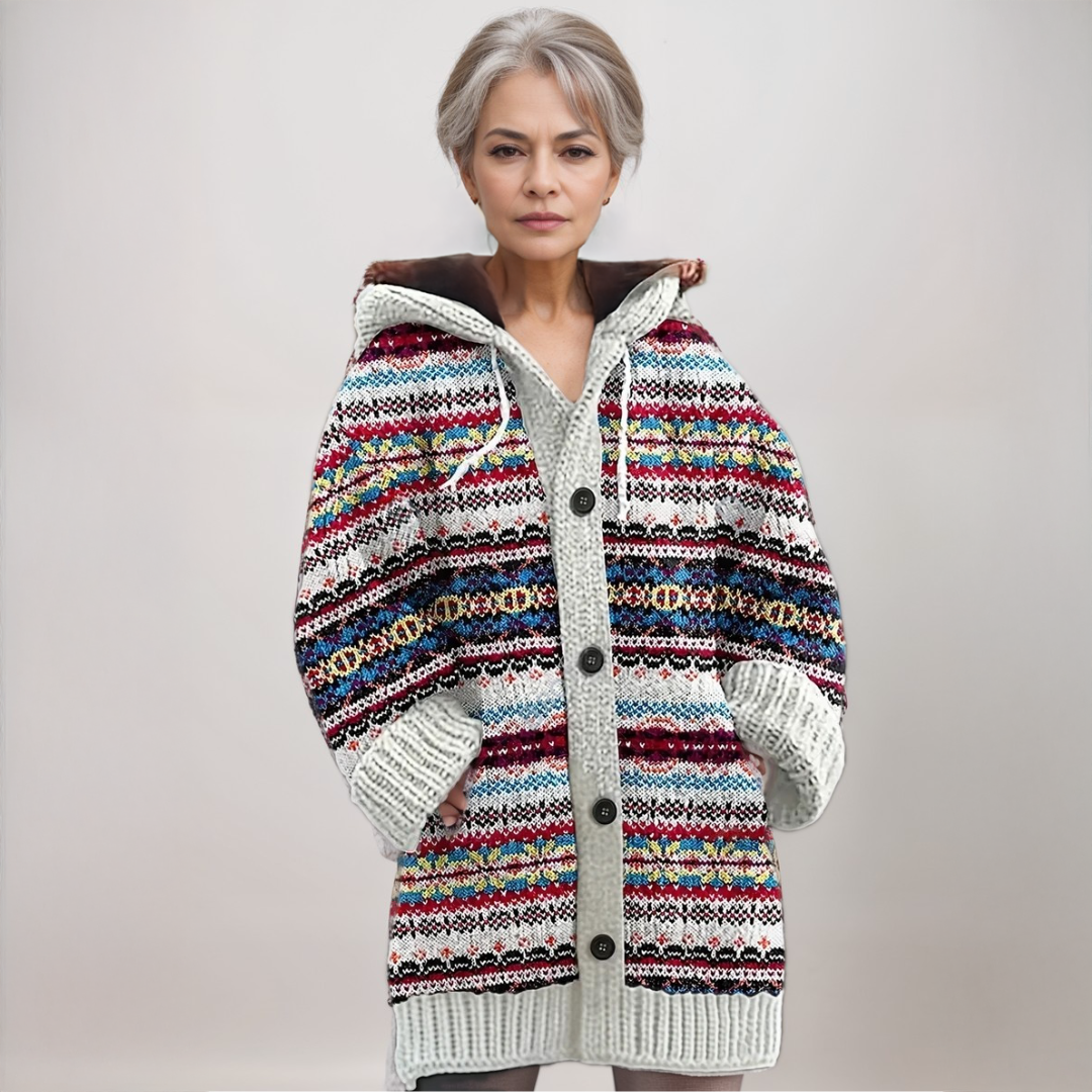 Women's cozy Nordic hooded knit cardigan with Fair Isle pattern, button front. Perfect for autumn & winter layering.