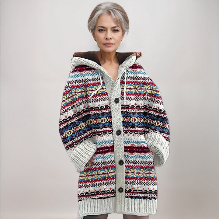 Women's cozy Nordic hooded knit cardigan with Fair Isle pattern, button front. Perfect for autumn & winter layering.