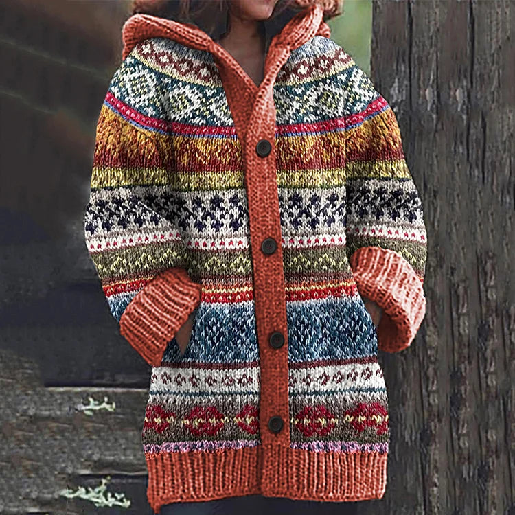 Relaxed fit women's hooded knit cardigan with long sleeves, cozy comfort, and stylish Nordic design for winter fashion.