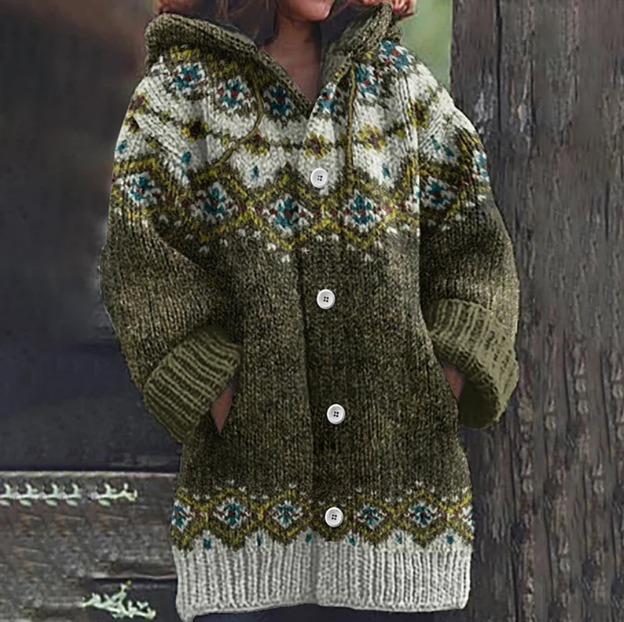 Women's button-front hooded knit cardigan in a relaxed fit, showcasing a classic Nordic pattern, ideal for layering.