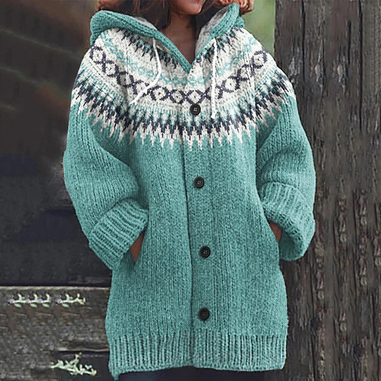 Versatile women's Nordic hooded knit cardigan for autumn style & winter warmth. Features button closure & cozy design.