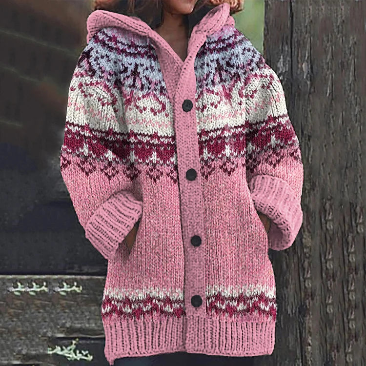 Plus size women's hooded knit cardigan with vibrant Nordic Fair Isle pattern, long sleeves & button front for cozy style.