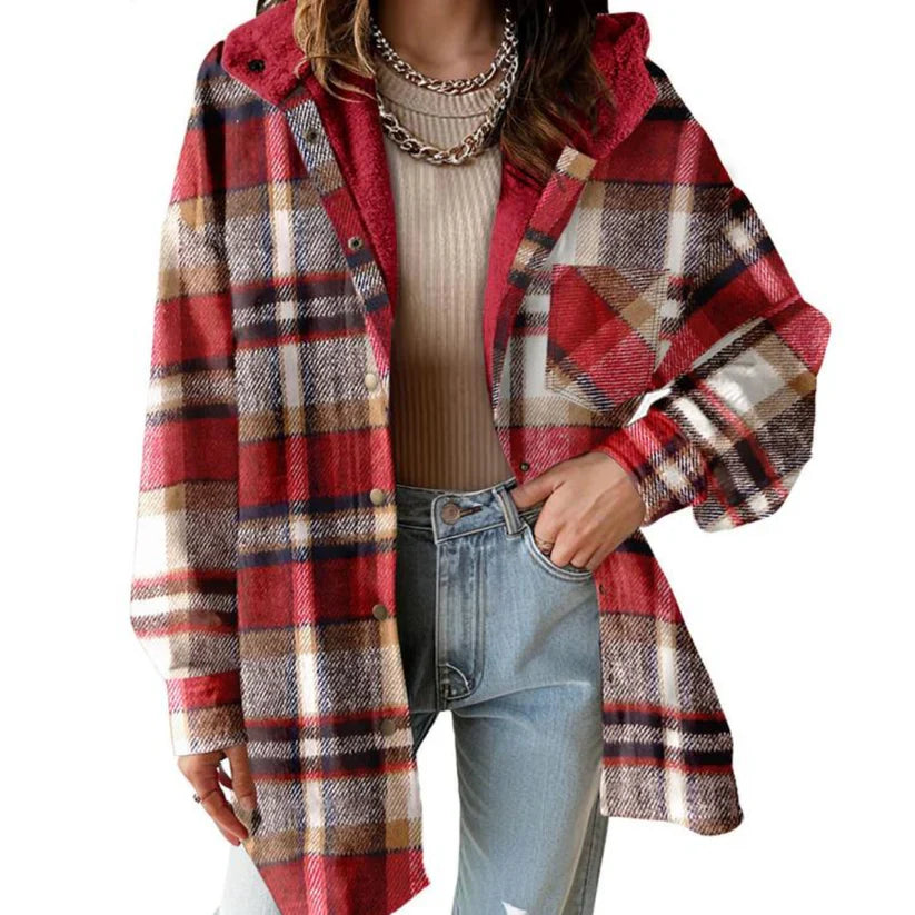 Women's cozy teddy bear plaid shacket with a hood, button-up front, and oversized fit for outerwear.