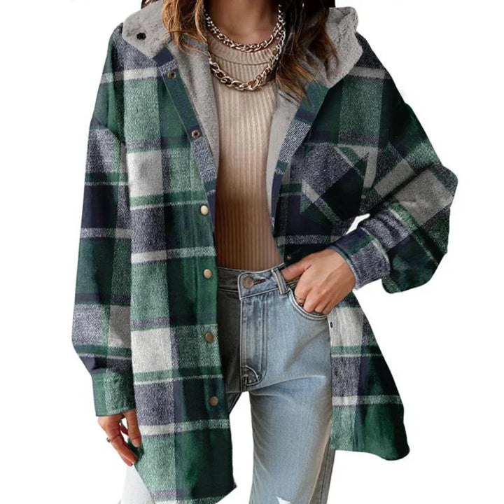 Stylish women's hooded plaid shacket, teddy bear cozy and perfect for autumnal casual wear.