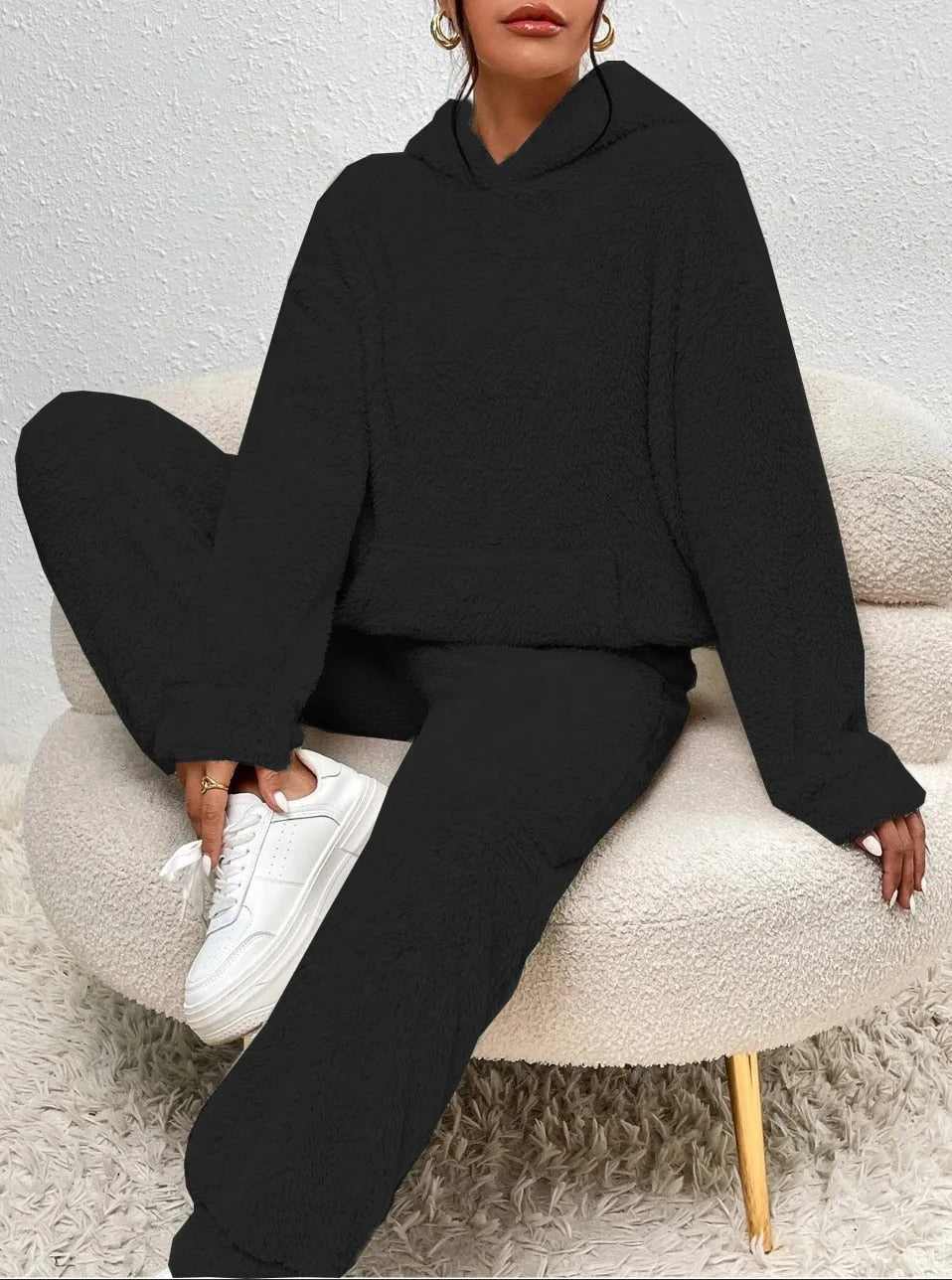 New women's cozy plush hooded loungewear set, a comfortable and stylish two-piece outfit for home.