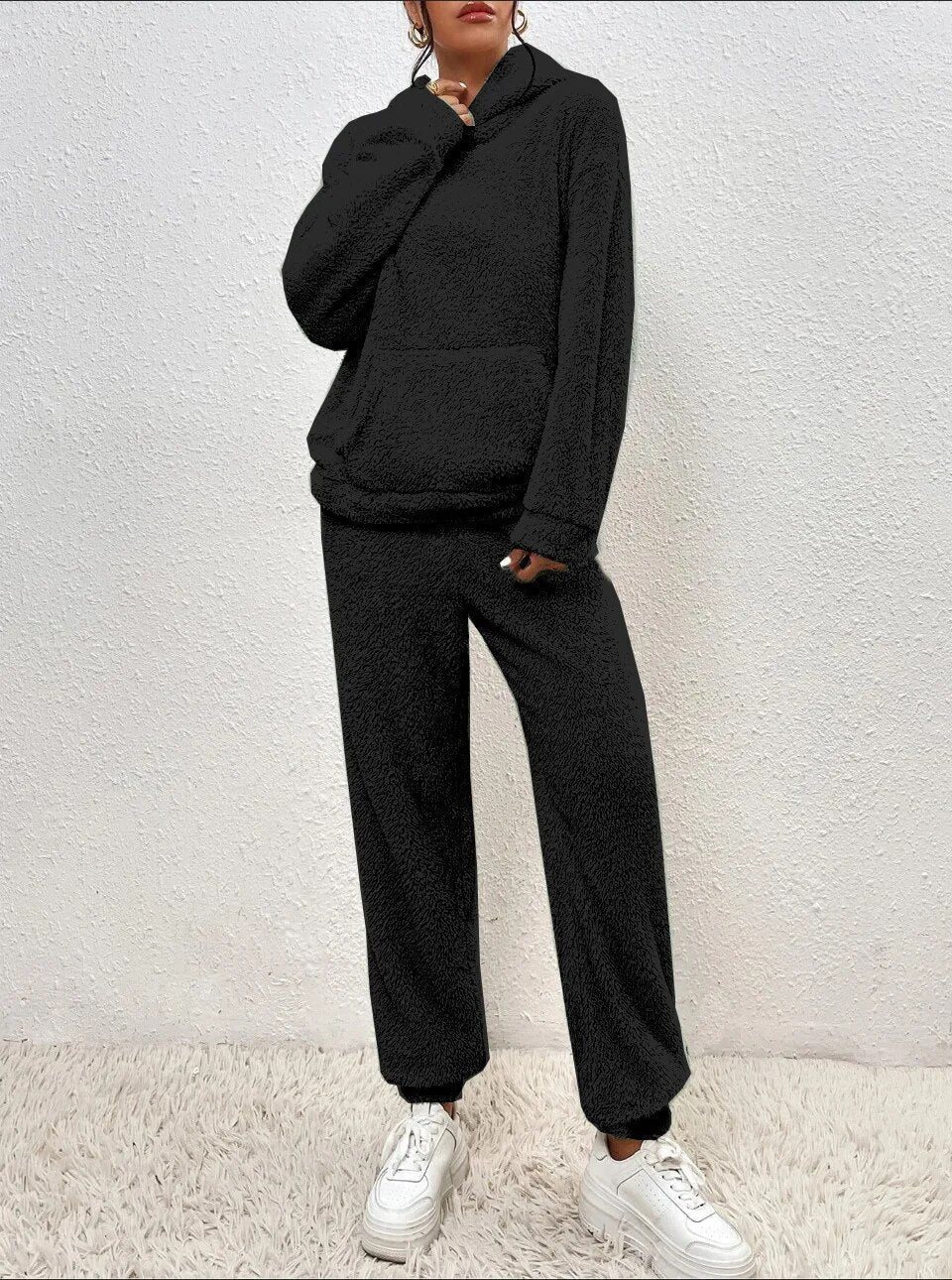 Front view of women's plush hooded loungewear set, a stylish and comfortable matching casual outfit.