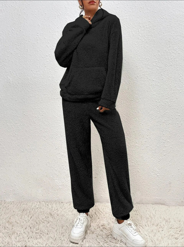 Front view of women's plush hooded loungewear set, a stylish and comfortable matching casual outfit.