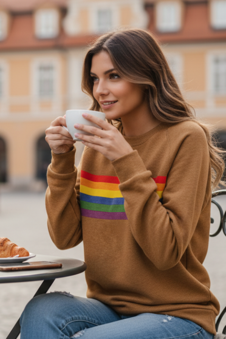 Comfortable women's rainbow striped sweatshirt, perfect for casual wear. Soft, long-sleeve cozy pullover.