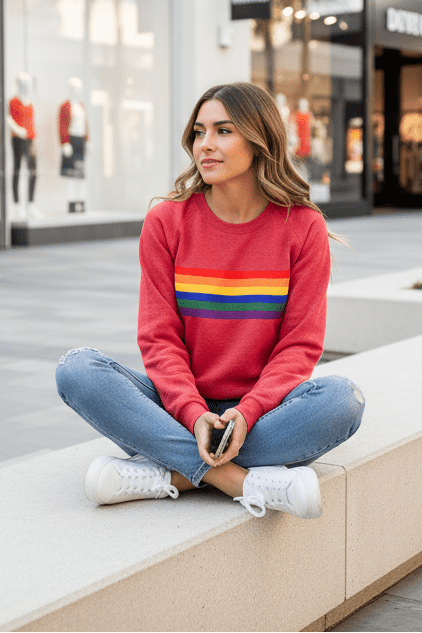 Vintage style women's sweatshirt featuring vibrant rainbow stripes. Cozy long-sleeve top for layered looks.