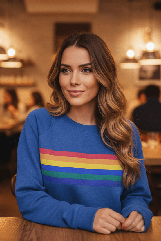 Everyday women's cozy rainbow striped pullover. Comfortable, casual long-sleeve sweatshirt for autumn.