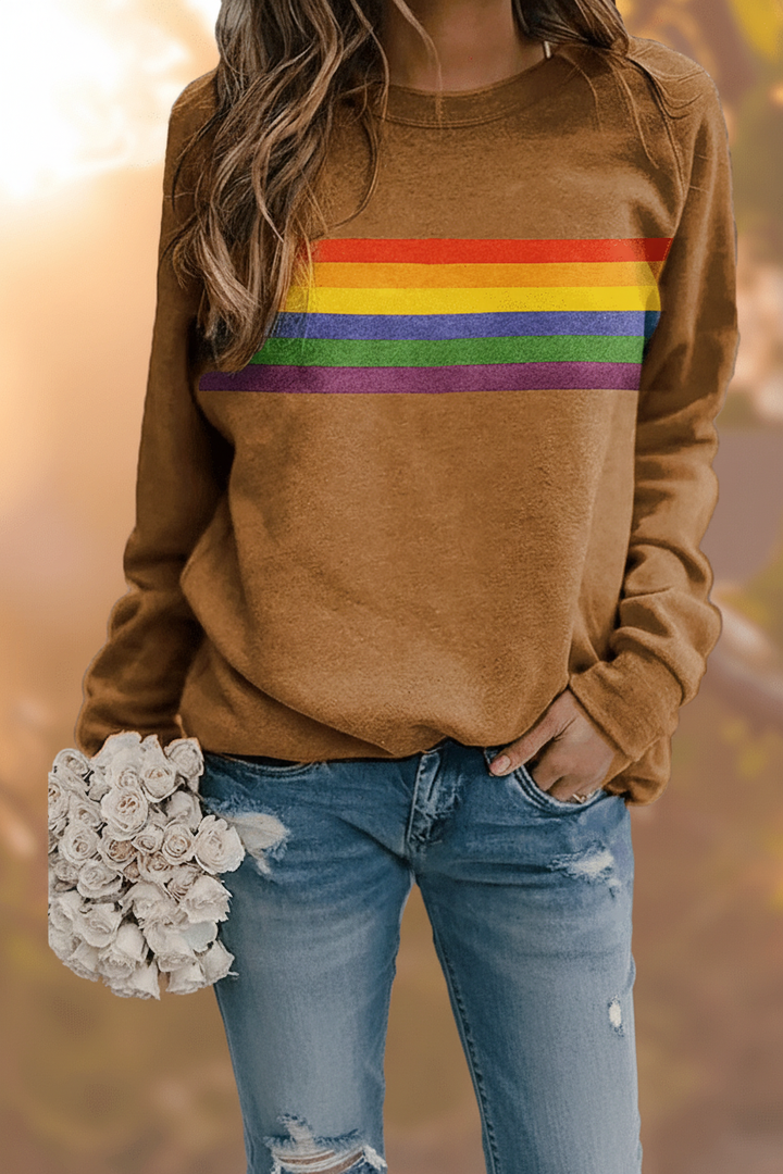 Cozy women's rainbow striped long-sleeve sweatshirt. Comfortable pullover for casual, everyday wear.