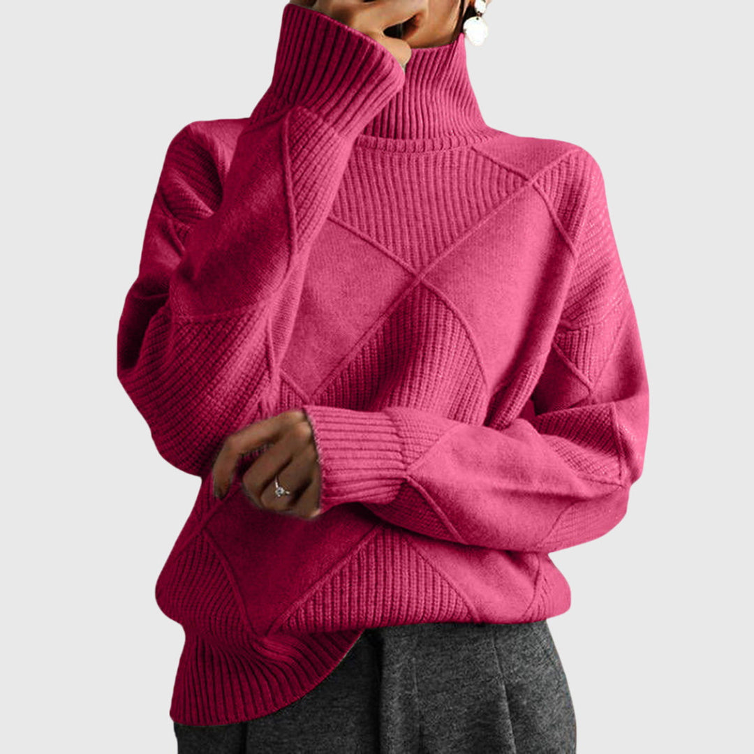 Women's cozy roll neck sweater with unique diagonal seam design for stylish winter warmth.