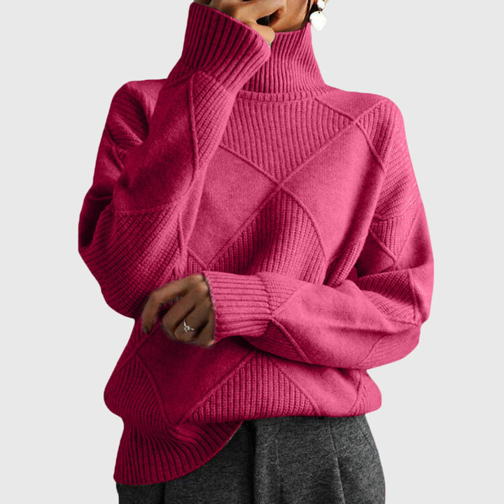 Women's cozy roll neck sweater with unique diagonal seam design for stylish winter warmth.