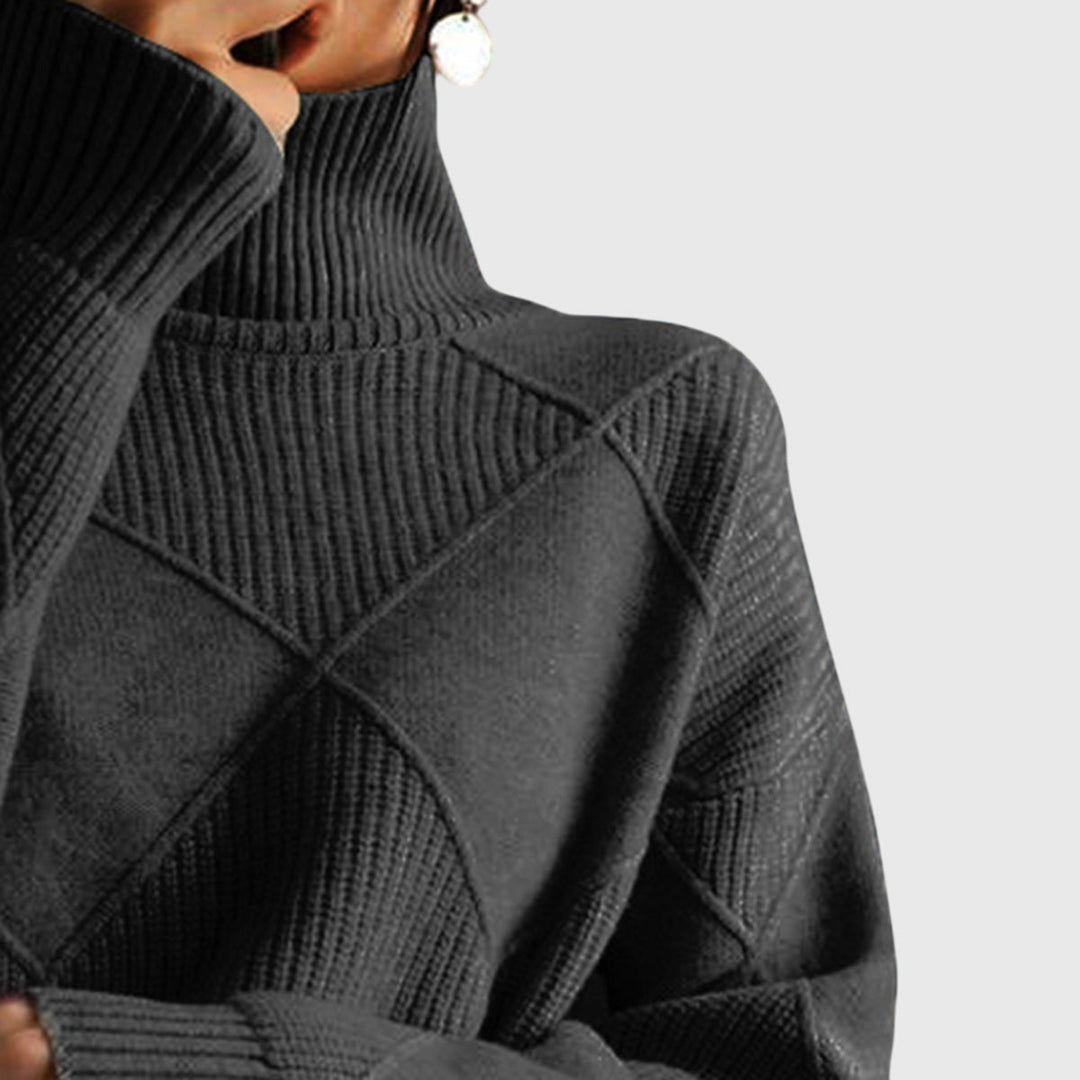 Soft fabric women's warm roll neck jumper, relaxed fit, cozy, featuring a unique diagonal seam.