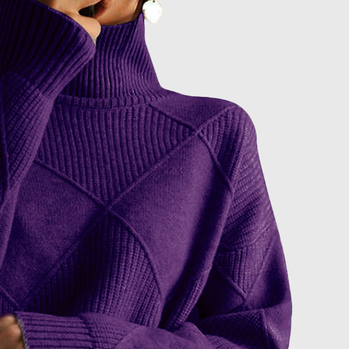 Warm women's roll neck sweater, cozy and comfortable with a trendy diagonal seam design for cold weather.