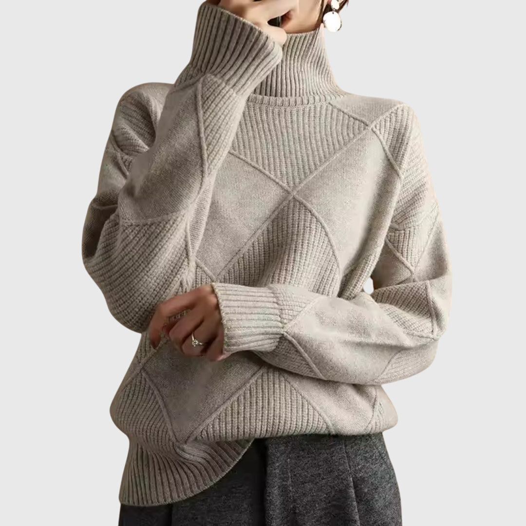 Styled women's oversized roll neck sweater, cozy top with diagonal seam, perfect for layering in winter.