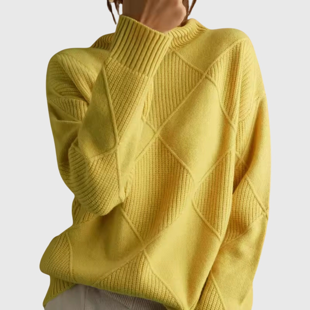 Women's cozy roll neck sweater, diagonal seam design, warm, relaxed fit winter jumper.