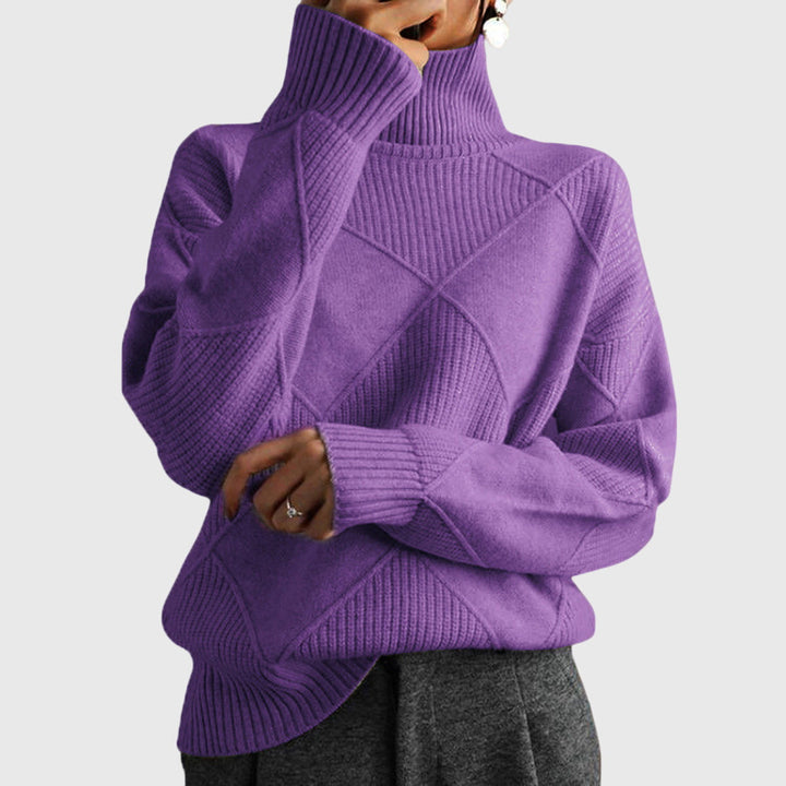 Soft knit cozy roll neck sweater for women, chic diagonal seam, ultimate winter comfort.