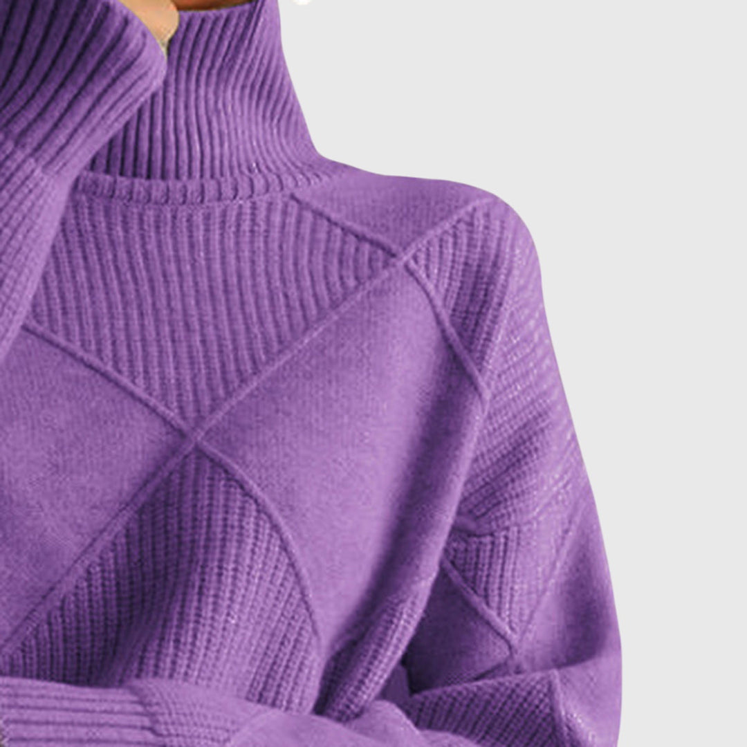 Essential winter cozy top: women's roll neck sweater with diagonal seam, perfect for cold days.