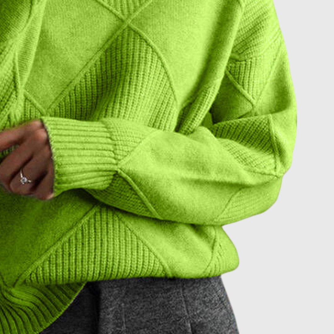 Modern diagonal seam detail on a women's cozy roll neck sweater, stylish and warm for winter.