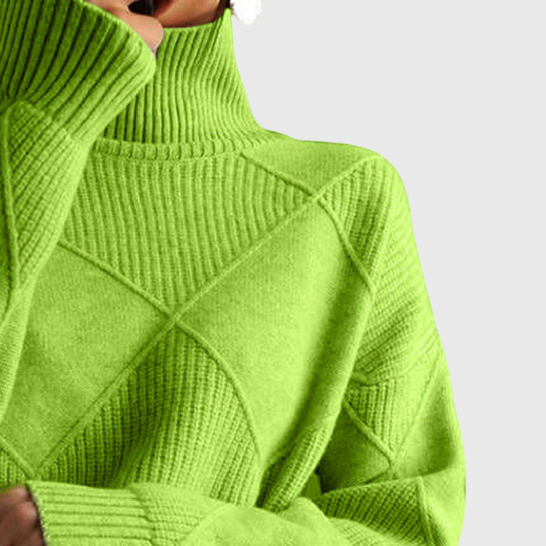 Versatile women's roll neck sweater, cozy and oversized with diagonal seam for everyday winter style.