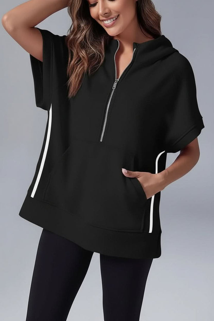 Stylish women's hooded top, a cozy short sleeve pullover with a relaxed fit for daily wear.
