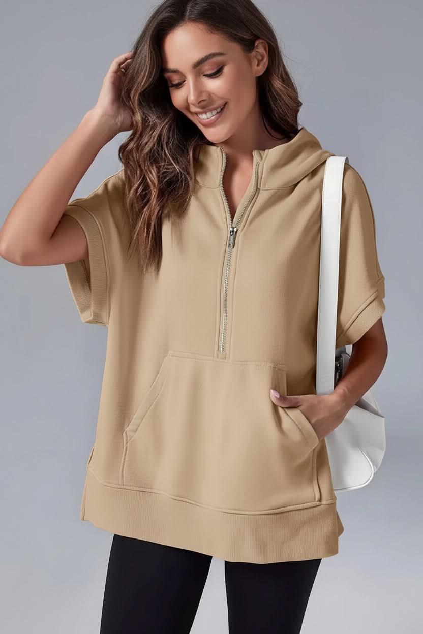 Women's relaxed fit short sleeve hoodie, a cozy half-zip pullover ideal for loungewear and casual outfits.