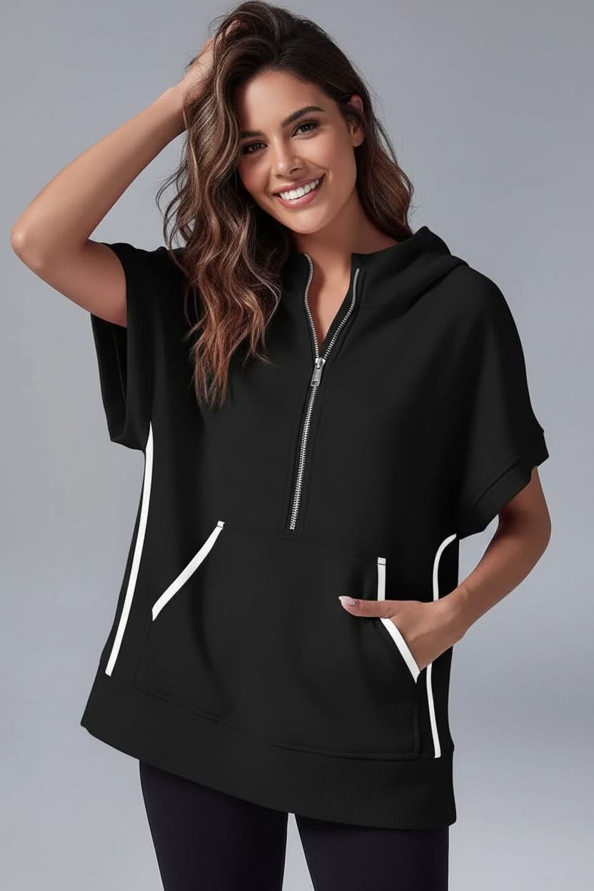Casual women's short sleeve hoodie with a half-zip design, perfect for comfort wear and relaxed style.