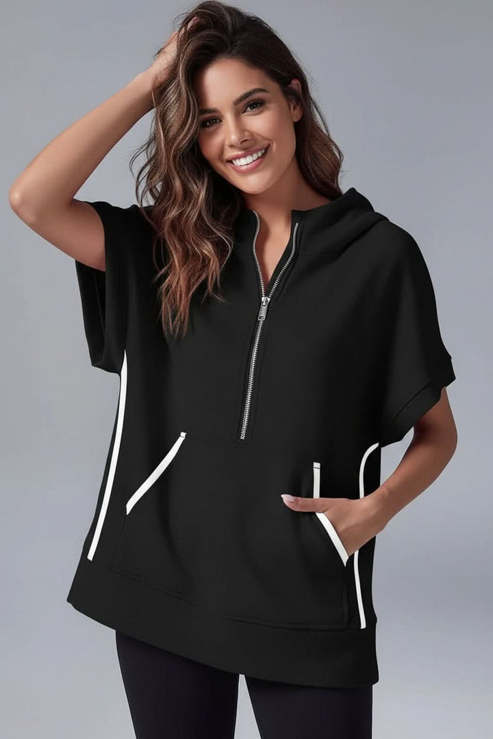 Casual women's short sleeve hoodie with a half-zip design, perfect for comfort wear and relaxed style.