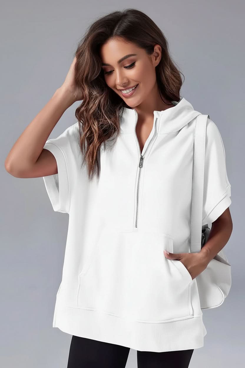 Cozy women's short sleeve half-zip hoodie, an effortless pullover top for casual, everyday comfort.